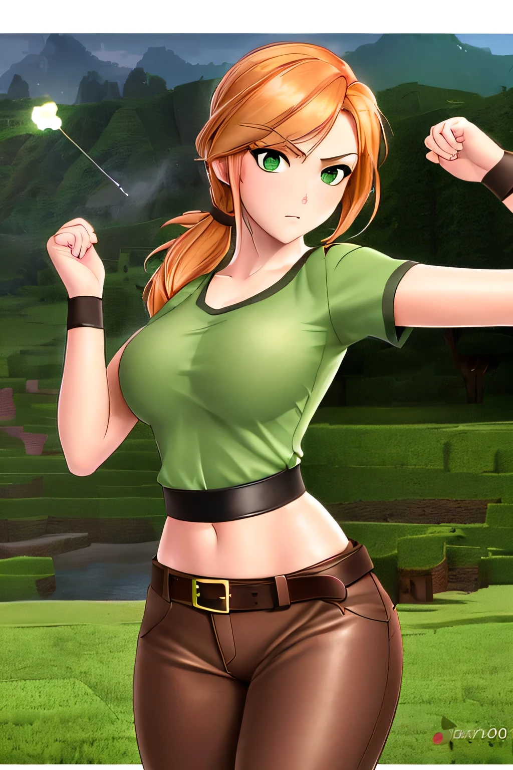 close up 1girl in, photo of Alex, Alex Minecraft, Anime style, Solo, (messy Golden copper blonde hair, short ponytail over left shoulder, thick Ginger hair, (green eyes: 1.2), (perfect clear skin, pale skin, detailed skin, large breasts, round breasts, perfect body, skinny, thin hin hips, thin waist: 1.25), (angry expression, ready to fight, fighting stance, punching a tree: 1.1), (wearing a green t-shirt, brown bush pants, leather belt, dark leather boots), An alpine landscape featuring a rugged mountain peak with steep, dramatic cliffs, In the foreground, there’s a lush meadow of vibrant wildflowers, with white and pink petals open towards the sky, Minecraft world, (realistic photo, best quality, detailed), (8k wallpaper), (cinematic lighting, beautiful light, (noon:1.3)) (sharp focus, intricate), (dslr, realistic, looking at viewer, sharp focus, delicate, soft colors, cinematic)