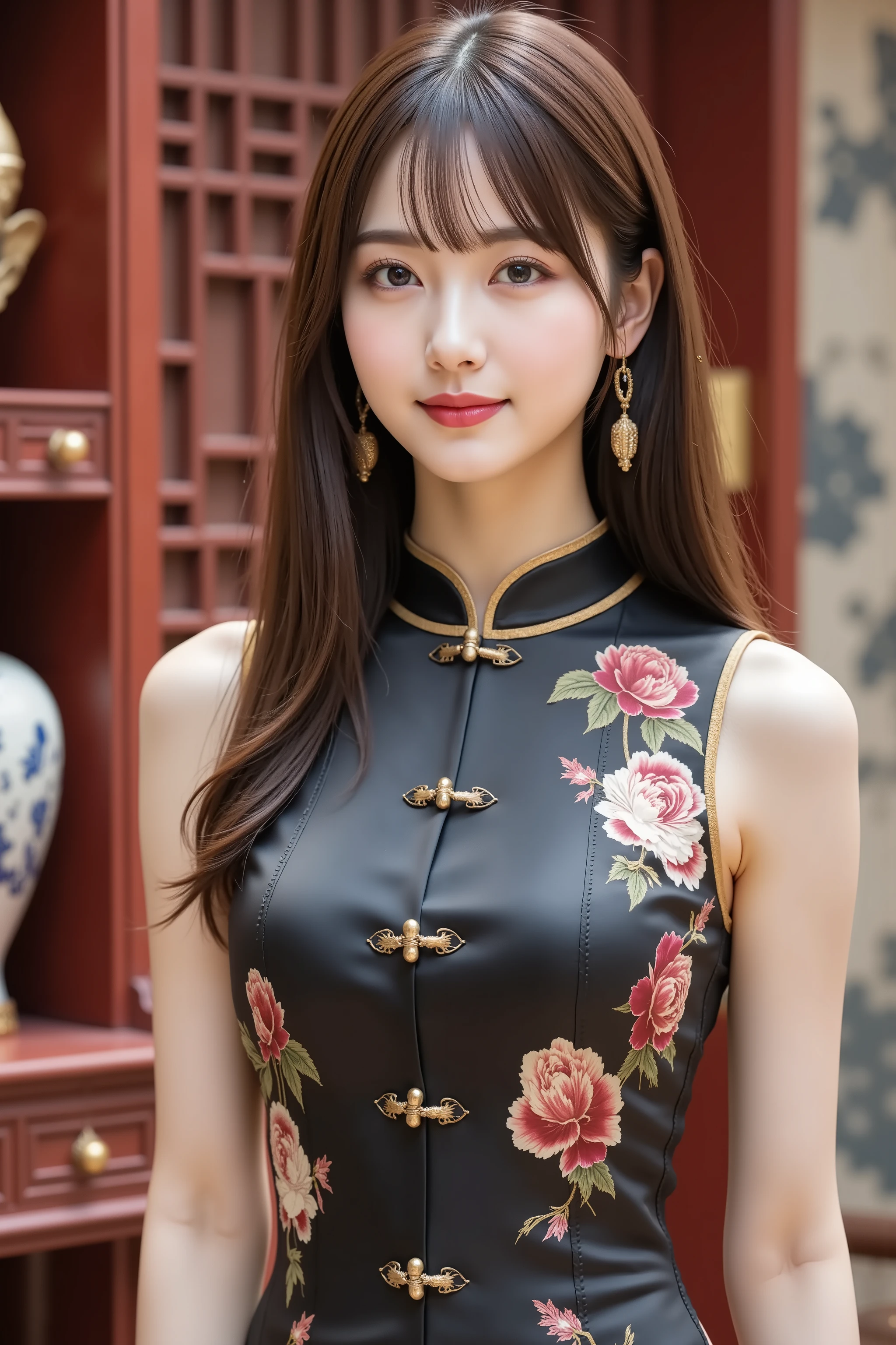 firm and big breasts, cleavage, A realistic photographic composition framed from just below the shoulder of a female subject wearing a traditional Chinese qipao upper garment, ensuring her entire head is fully visible within the frame without any cropping at the top. She wears a fitted sleeveless cheongsam bodice crafted from glossy black silk satin, featuring a high mandarin collar edged in gold braid, five gold frog closures with round button knots at the front neck, and cap sleeves revealing the contour of the shoulder. The cheongsam is tailored through the bust to lift and compress her full, firm breasts into a dramatic deep cleavage line framed by underbust seam lines and princess seams, the silk material stretched taut across rounded curves just below the shoulder to emphasize tension folds and specular highlights along the cleavage. Precision darts and seam shaping create a built-in corset effect that accentuates her ample décolletage and maximizes the sculpted appearance of her bust. The fabric displays intricate hand-embroidered peony and chrysanthemum motifs in metallic gold and deep crimson silk threads, swirling elegantly across the bust and down the torso, with subtle tonal sheen variations and fine satin weave texture visible under close scrutiny. The cheongsam contours naturally just below the shoulder, forming gentle tension creases along the princess seams and precise flat-locked stitching at the side panels. Behind her, the background reveals a richly appointed Chinese interior scene: red lacquered wooden panels carved with Taoist cloud patterns, hanging red silk lanterns with gold tassels casting warm diffuse light, a carved rosewood altar table supporting a pair of porcelain baluster vases decorated in blue and white underglaze florals filled with delicate plum blossom branches, a lacquered display shelf holding cinnabar lacquer boxes and brass incense burners emitting soft curls of smoke, and a silk brocade scroll mounted on the lacquered wall d
