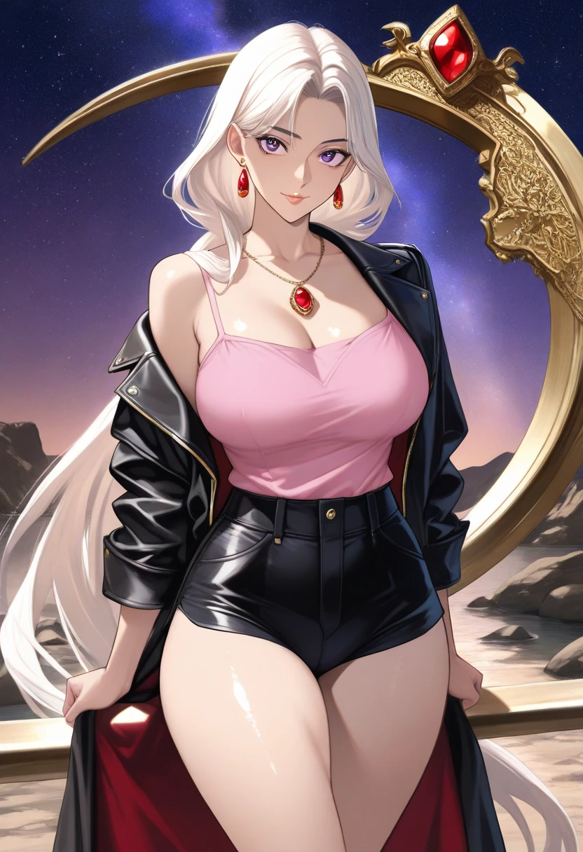 realistic, 1girl, white hair, purple eyes, glowing eyes, (elven:0.4), crop top, flapping plated miniskirt, (underboob:1.5), parted lips, blush, spread legs, night, night sky, shore, waves, medieval town, sky at night