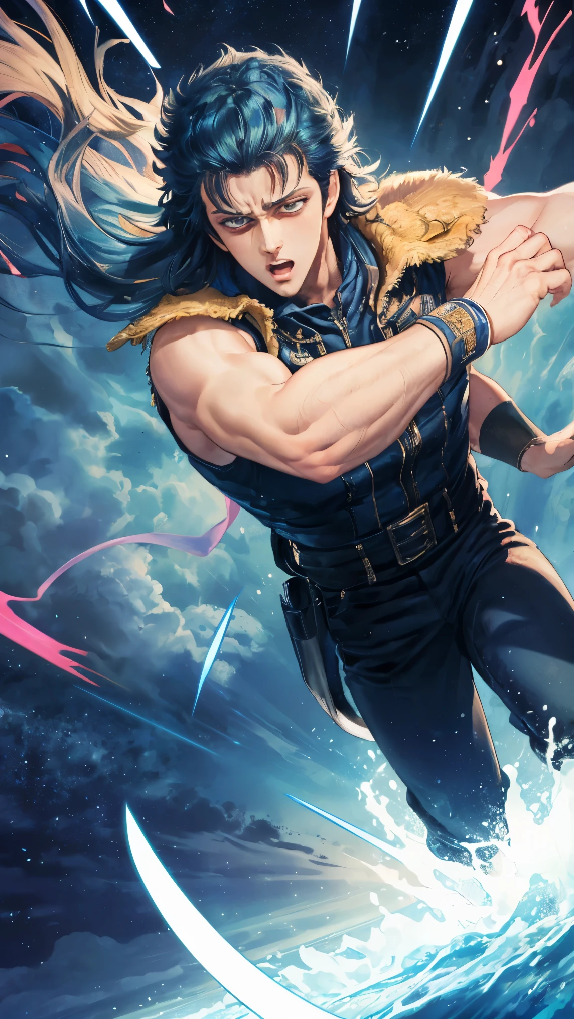((Best Quality)),( super high definition),(Super detailed),( detailed description ),((The best CG)),(masterpiece) , rei,1boy,blue metric hair,long hair, in a dynamic pose