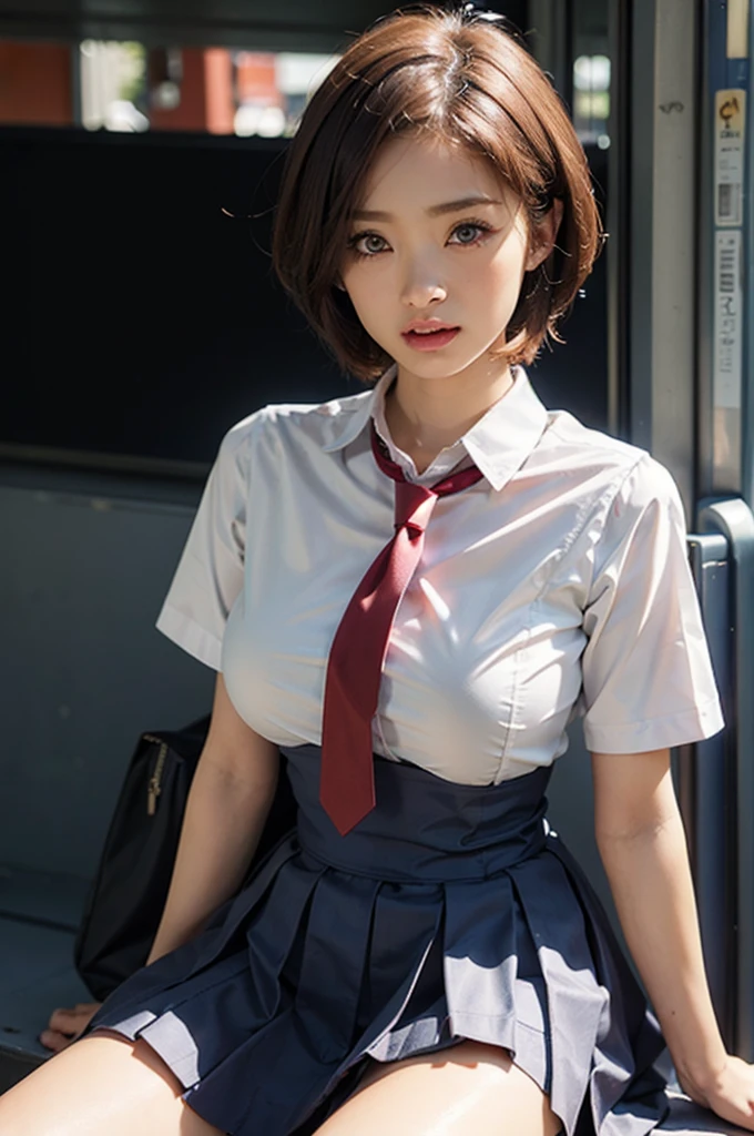 Height resolution、high-level image quality、in 8K、Real live-action、Raw photography、top-quality、masterpiece、masutepiece、Erotic、Pupils、Pink bra,de pele branca,kne, Detailed panty patterns、panties focus、Panties made of pink lace material、absurderes,a small face、huge-breasted、Parting the bangs from the middle、Forehead visible,(a cold expression<Tight eyes,glares, Bullish, Thin anger)、masterpiece,top-quality、超A high resolution,Raw photo,ren,Beautiful fece,One Person, 独奏,Dark look,Small breasts,fullllbody、Very nice、JK school uniform,hi-school girl,A Japanese Lady,is standing,(Photorealsitic:1.37)、Photon mapping,Pink ribbon,Realistic、Cute little face,Brown-eyed、22year old、(Red bow tie)、Radio City、Physically Based Rendering、Foreground、depth of fields、Blurry background、a picture,The girls、Body, beauty legs, Long legs, Thin leg,Long bob cut,(Bangs are visible), hair, s lips, Blue_The eye, nosesoft,(PINK SHIRT), (Navy pleated skirt), Knees are visible,Sheer clothing, Thigh, Nogizaka Idol, 女優, Japanese ido、Sparkling eyes、shiny lip、too bright natural light、The Bright Sun、Too bright sunlight、