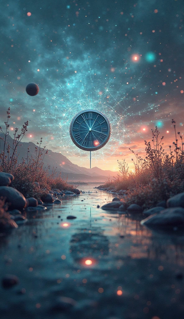 An image that has day and night in the background merged with a blurred clock, with floating data analysis.