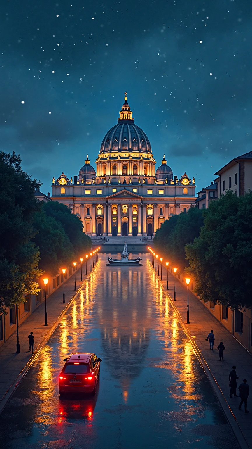The Basilica di Santa Maria della Salute, a renowned landmark in Venice, Italy, stands majestically against the night sky. Its ornate architecture and intricate details are reflected in the still waters of the Piazza San Marco, creating a captivating mirror image. The surrounding buildings and people add to the bustling atmosphere of the scene. night, building, scenery, reflection, outdoors, sky