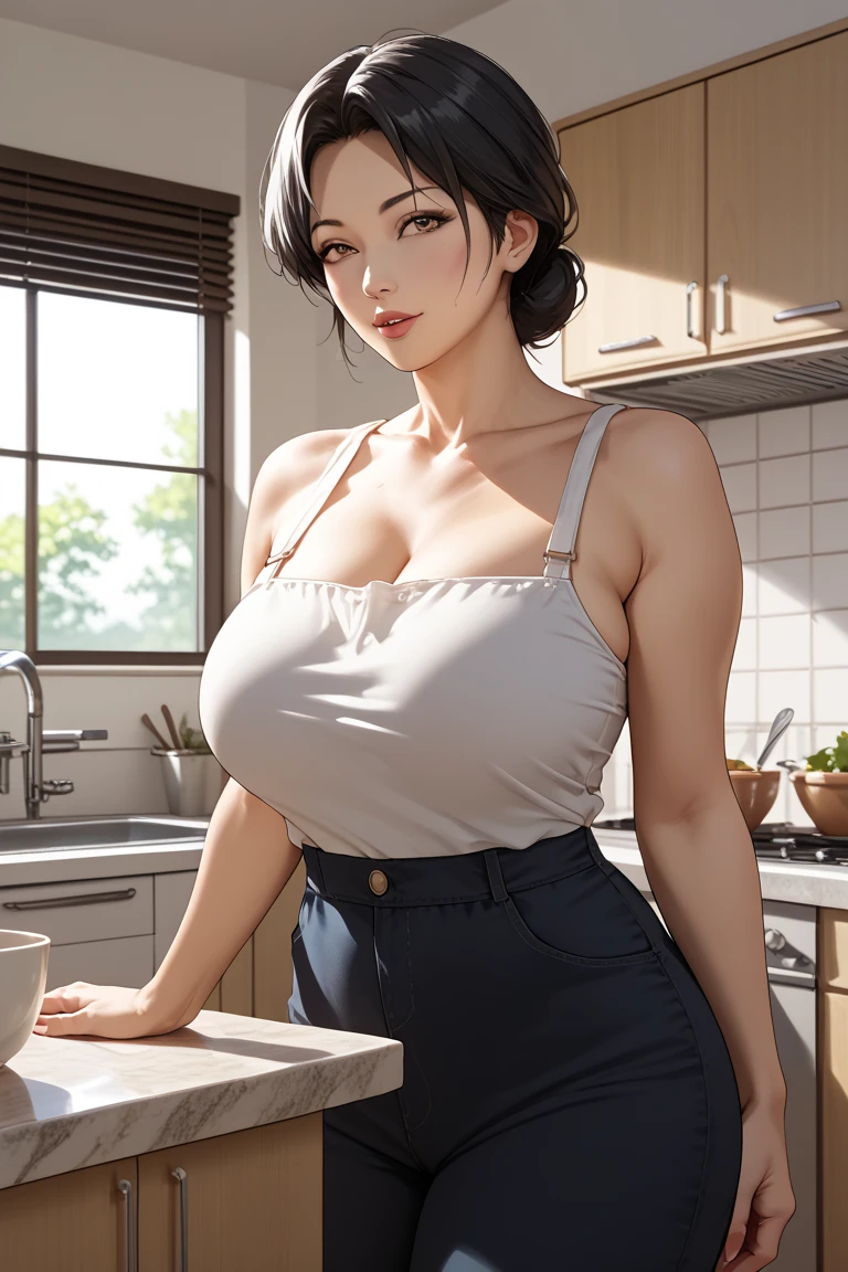 (Browsing Caution), (RAW Photos), (Realistic), (Photorealistic), Ultra-high resolution, masterpiece, Highest quality, Portraiture, facial Portraiture, Perfect lighting, Detailed lighting, Dramatic Shadows, Ray Tracing, 1 Japan Beautiful, 40 years old, Sensual, Cleavage, ((voluptuous body:1.2)), ((Plump figure:1.2)), Beautiful and delicate brown eyes, Fuller lips, Red lips, big tits, big ass, big thick thighs, Abs, muscle, long wavy hair, Brown Hair, Earrings, Mouth half open, smile, View your viewers, Wearing a naked apron, ((Put your arms behind your back)), In the kitchen,