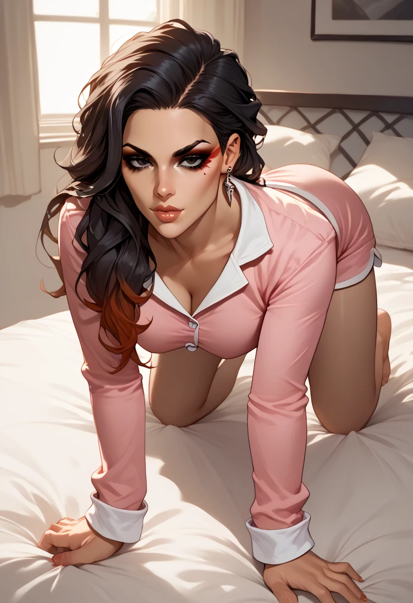arafed woman in a pink shirt and black stockings sitting on a bed, beautiful model, beautiful female model, pretty face with arms and legs, beautiful girl model, violet myers, adriana lima, gorgeous woman, very seductive pose, madison beer, sexy pose, sexy gaze, photo of a beautiful woman, very pretty model, beautiful model girl, cute woman