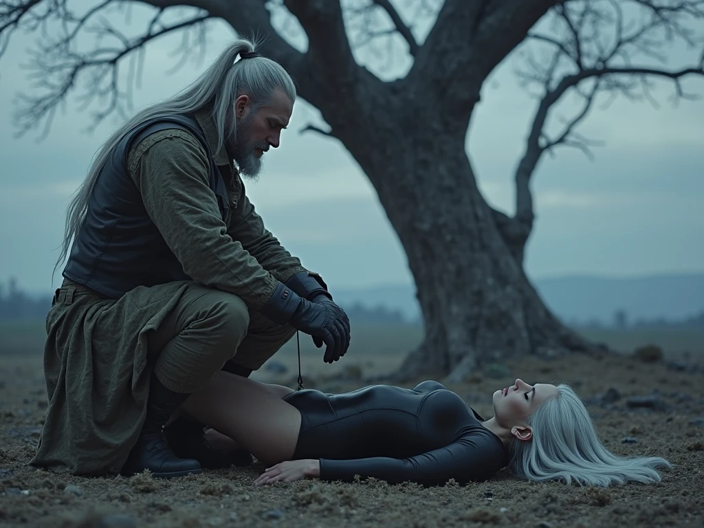 Man standing holding a knive with death woman laying on the ground beside him