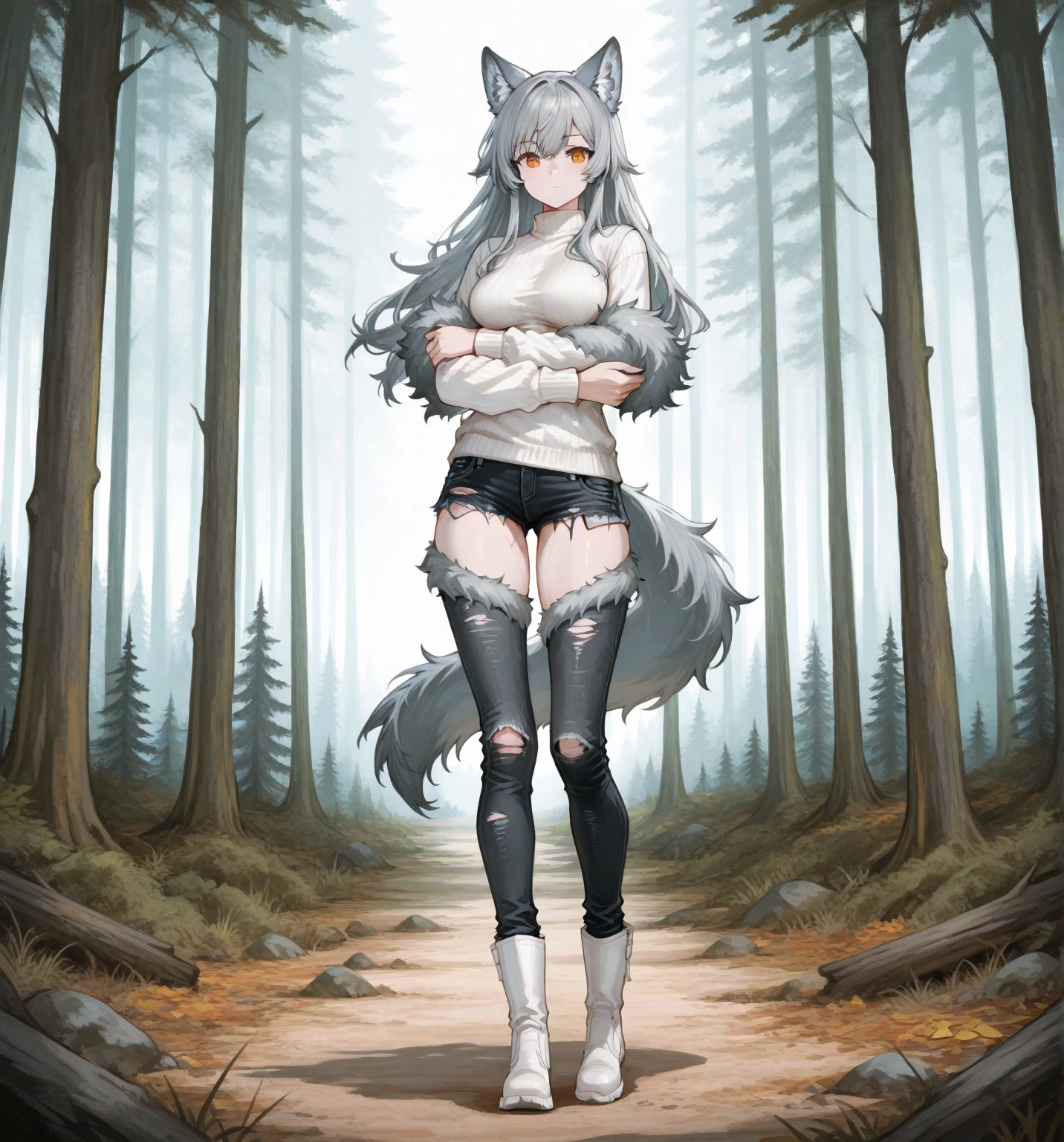 score_9, score_8_up, score_7_up, (source_anime:0.5), solo, 1girl, , monster girl, , A serene, snowy birch forest with a muted, monochromatic color palette, neneneji, thighs, , , , <lora:last-000001:1>