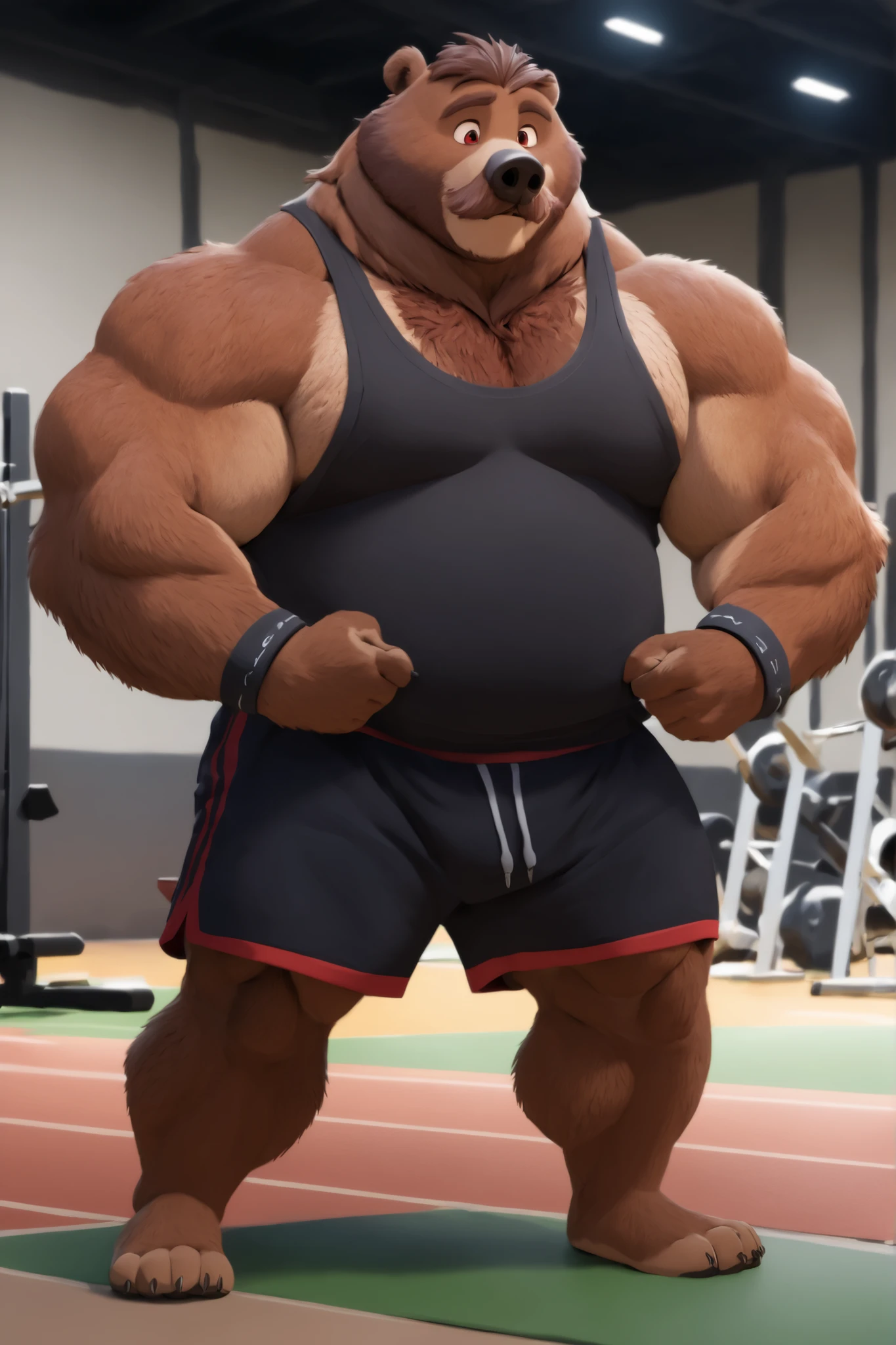 1boy, solo, Huge Muscular old kodiak brown bear working out in gymasium track, (wearing black gym shorts, wristbands and black tank top), huge brown fur, wrinkles, short mullet, brown mustache and Beard, pectoral, height: 220cm (7’8), weight: 270kg (440lbs), added eyes with red pupils, Disney, 8k, masterpiece