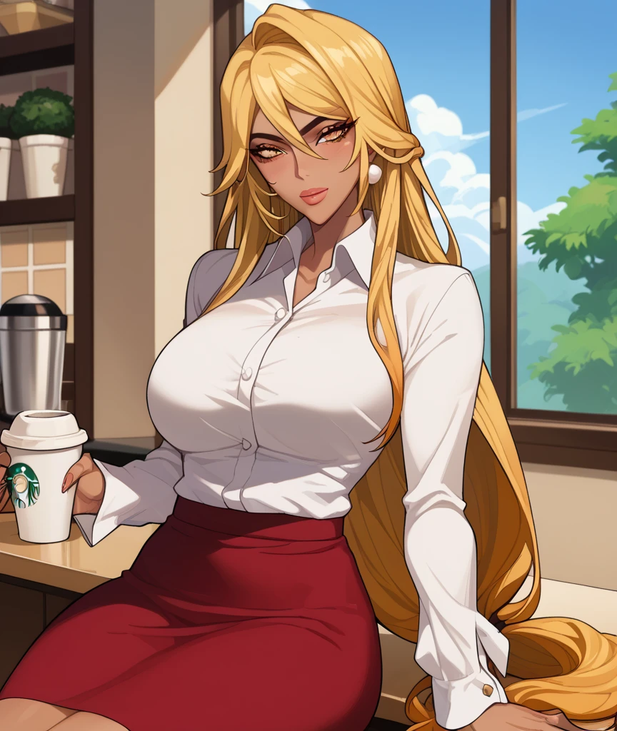 _asura style, 1girl, breasts, animal_ears, tail, solo, large_breasts, mole_on_breast, long_hair, brown_hair, pantyhose, mole, glasses, shirt, cleavage, underwear, fox_ears, fox_tail, coffee, cup, white_shirt, thighband_pantyhose, bra, animal_ear_fluff, bangs, long_sleeves, collared_shirt, holding, fox_girl, black_pantyhose, panties