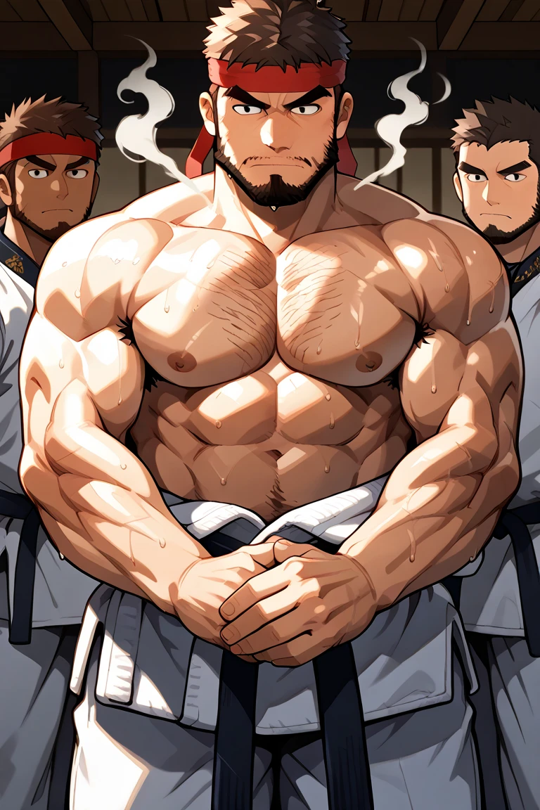 Highest quality、(muscular male:1.3)、(father:0.7)、nipple piercing、4boys、Short Hair、Sports haircut、short hair、Shaved head、Black Hair、Red Hair、Blonde、White Hair、Wearing a yukata and laying out a futon at an inn、night、A fun atmosphere、ass pov、nsfw
