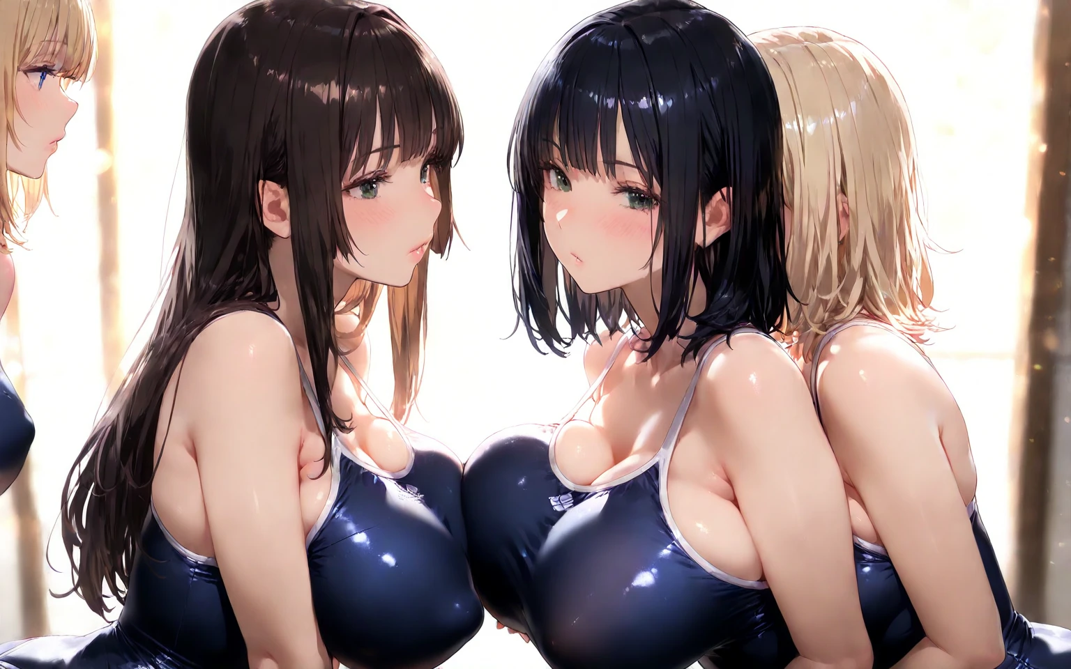 Multiple Girls、Two girls and a daughter、Mother and daughter、Very large breasts、 Provocative smile、Very thick thighs、Very big ass、Transparent nipples、Transparent genitals、Prostitute、Bitch、Realistic、Public toilet in the background、Licking the toilet bowl,Shiny skin、Brown Skin、Scattered banknotes、Bitch、Lori、Titty fuck、Blowjob、Brown Skin、Black gal