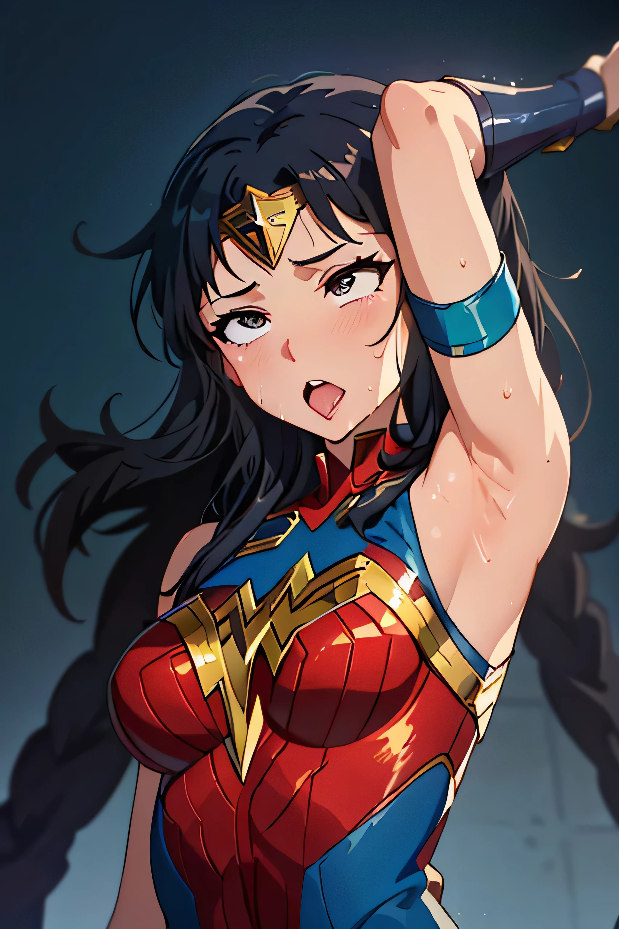 Absurd resolution, high resolution, (masterpiece:1.4), ultra-detailed, 1girl, shy, sexy sitting, sexual invite expression, simple background, thighs, hand between legs, have to pee, leg together, cute, heavy breathing, wonder woman, no pant, hip focus, struggling, masturbating, leaning forward, one eye closed
