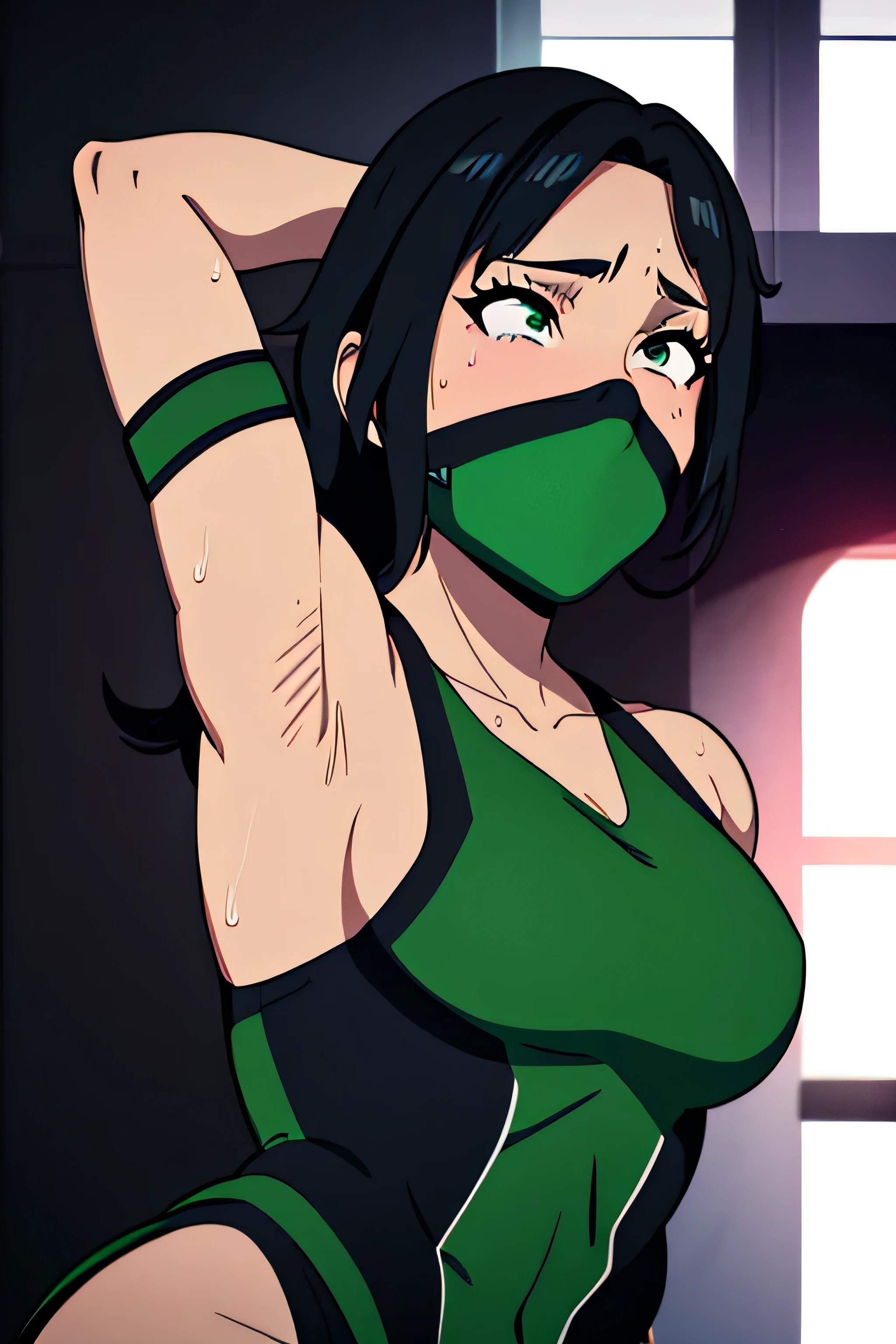 Jade, human woman with wheatish complexion,sleeveless.She has brown eyes and blackish blue clothing. Her hair is blackish brown in color; She is beautiful.Tsundere face.,mature appearance,armpits,sweat,sweaty,sweaty armpits,arms up,showing armpits,awesome armpits,outfit,blackish green arm warmers,blackish green arm bands,black arm warmers, wearing Konoha headband,wearing green face mask
