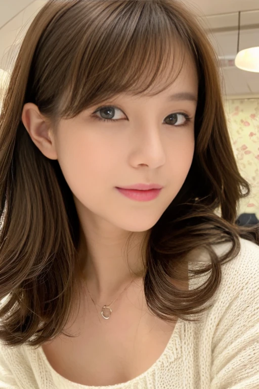 (masterpiece:1.3), (8K, Photorealsitic, Raw photography, Top image quality: 1.4), Japan high school girls、(Random hairstyles:1.2)、cleavage of the breast:1.2、Super Detail Face、Eye of Detail、二重まぶた、Bring your chest together、foco nítido:1.2、prety woman:1.4、light brown hair、top-quality、masterpiece、超A high resolution、(Photorealsitic:1.4)、Highly detailed and professional lighting smile、Loose and light knitwear、Shoulder out、slender、serious facial expression、long-haired、Fatal position