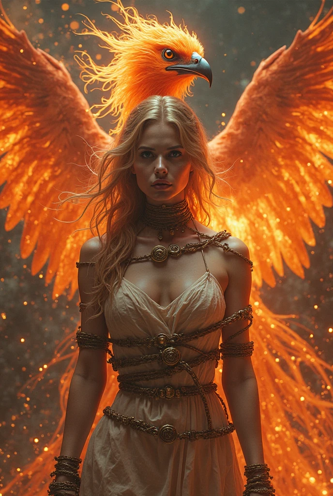 A majestic scene of Phoenix, An cinematic shot of a fresh red head pretty woman, very fiery face, Phoenix as a metaphore of rebirth, burning chains around her.