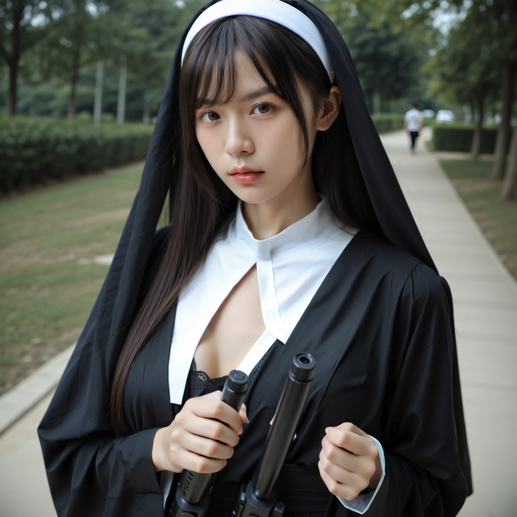 (highest quality、4k、8k、High resolution、Masterpiece: 1.2)、Super detailed、(Real、Photorealistic、Photorealistic: 1.37)、Beautiful nun、Very beautiful woman、Big Breasts、Skinhead:1.7、(Put on a nun's scarf:1.5)、 (Wearing the finest lingerie:1.4)、(Keep an assault rifle pointed at the viewer:1.67)、Cowboy Shot、Dynamic pose、Standing at the altar of the chapel、Stained glass、Hymns、Solemn atmosphere
