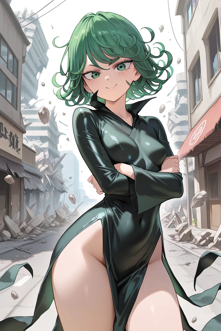 Fubuki from one punch man, deep green hair, wearing V-neck dress, sitting on a destroyed city, cinematic shadow, cinematic fog, blushing cheeks, blush expression, dynamic pose, big breast, big hips, NSFW, side view,
