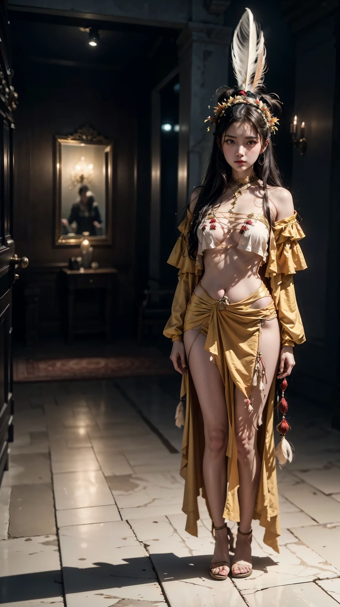 old photos、documentary photo 、 analog movie、vignette effect 、Beautiful 18th Century Native American Women、Arid Zones 、Beautiful Indian Women、Beautiful Traditional Native American Costumes、Cinematic lighting、violento、black hair、dark eyes、Belle, PERSEPHONE, (fullbody:1.8)