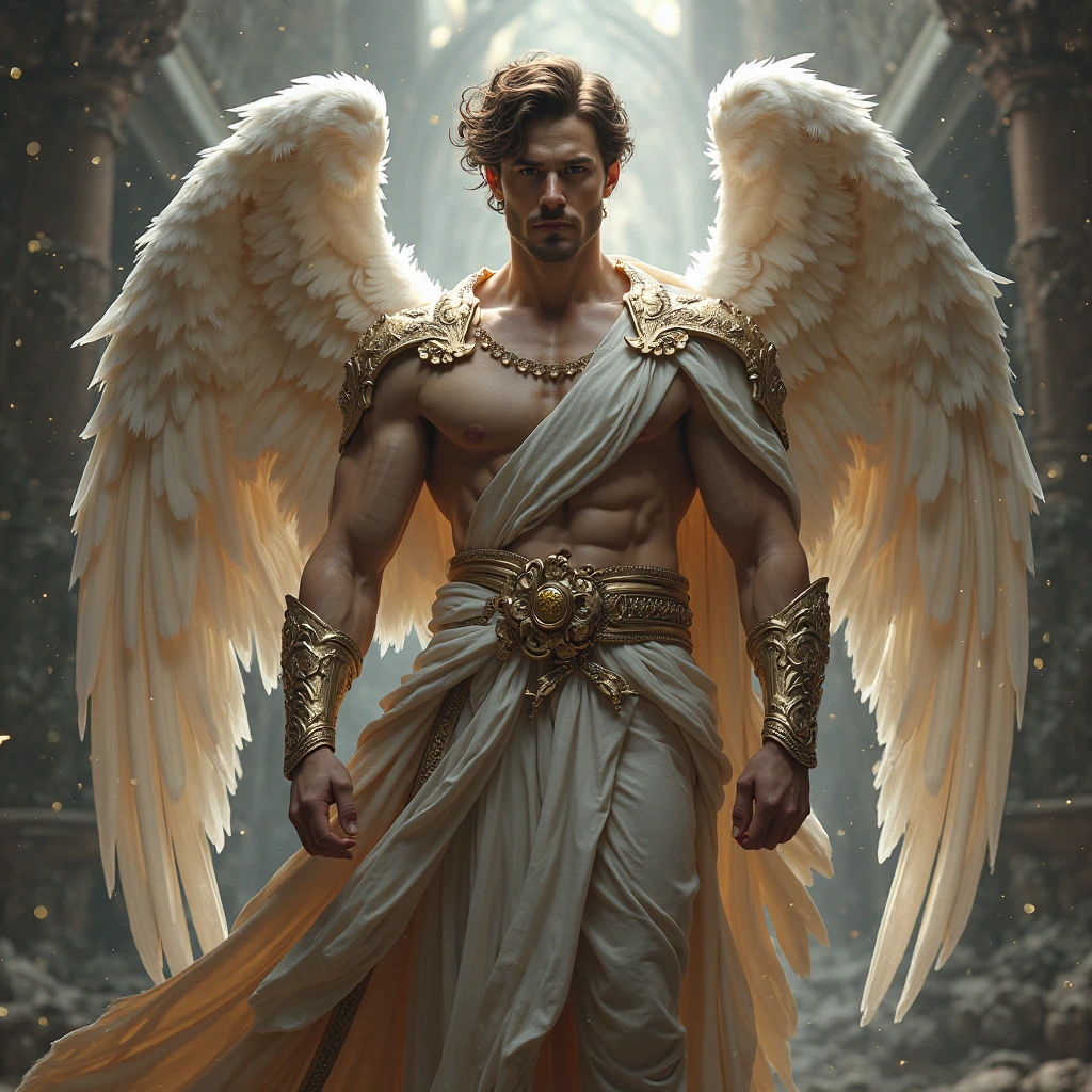 The man is an angel, white skin, white skin, white skin, short hair, muscular, very white skin, black hair, handsome, tough, ancient Indian costume, the background is an ancient temple heaven.