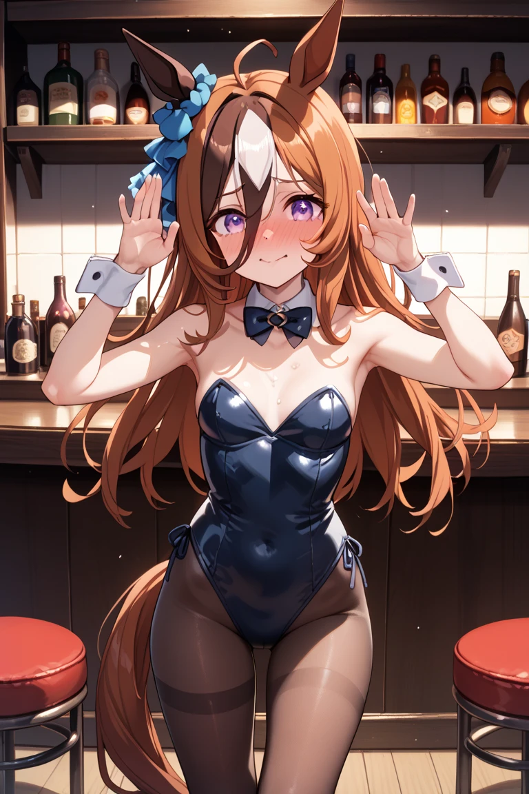 Rice Shower (Uma Musume), 1 girl, solo, long hair, breasts, looking at viewer, blushing, brown hair, knee-high socks, hat, ribbon, belly button, hugging, animal ears, bare shoulders, purple eyes, tail, flower, small breasts, black knee-high socks, indoors, bow tie, hair over one eye, leotard with front zipper, cups, wrist cuffs, detachable collar, rose, Playboy Bunny, horse ears, horse girl, horse tail, blue hat, tray, blue flower, flower on hat, blue leotard, hugging tray, open front zipper