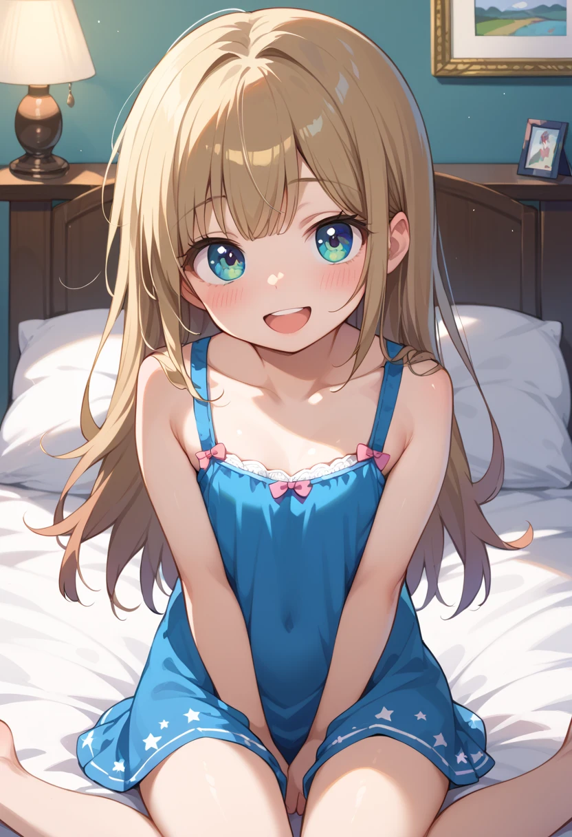 (best quality, masterpiece:1.2), (1girl, solo:1.2), cute, smile, (looking at viewer, solo focus:1.2), light on face, anzu futaba, white lace bra, collarbone, masterpiece:1.5, high quality, white lace panties, blush, highest quality, very detailed,1 girl, alone, wide-eyed, looking at the viewer, face-to-face, on bed, smile, blush, Sweat, cute, ((spread legs)), lying, on back, knees up, white background, camel toe, pussy juice, light on face, flat chest, slim leg, light on face