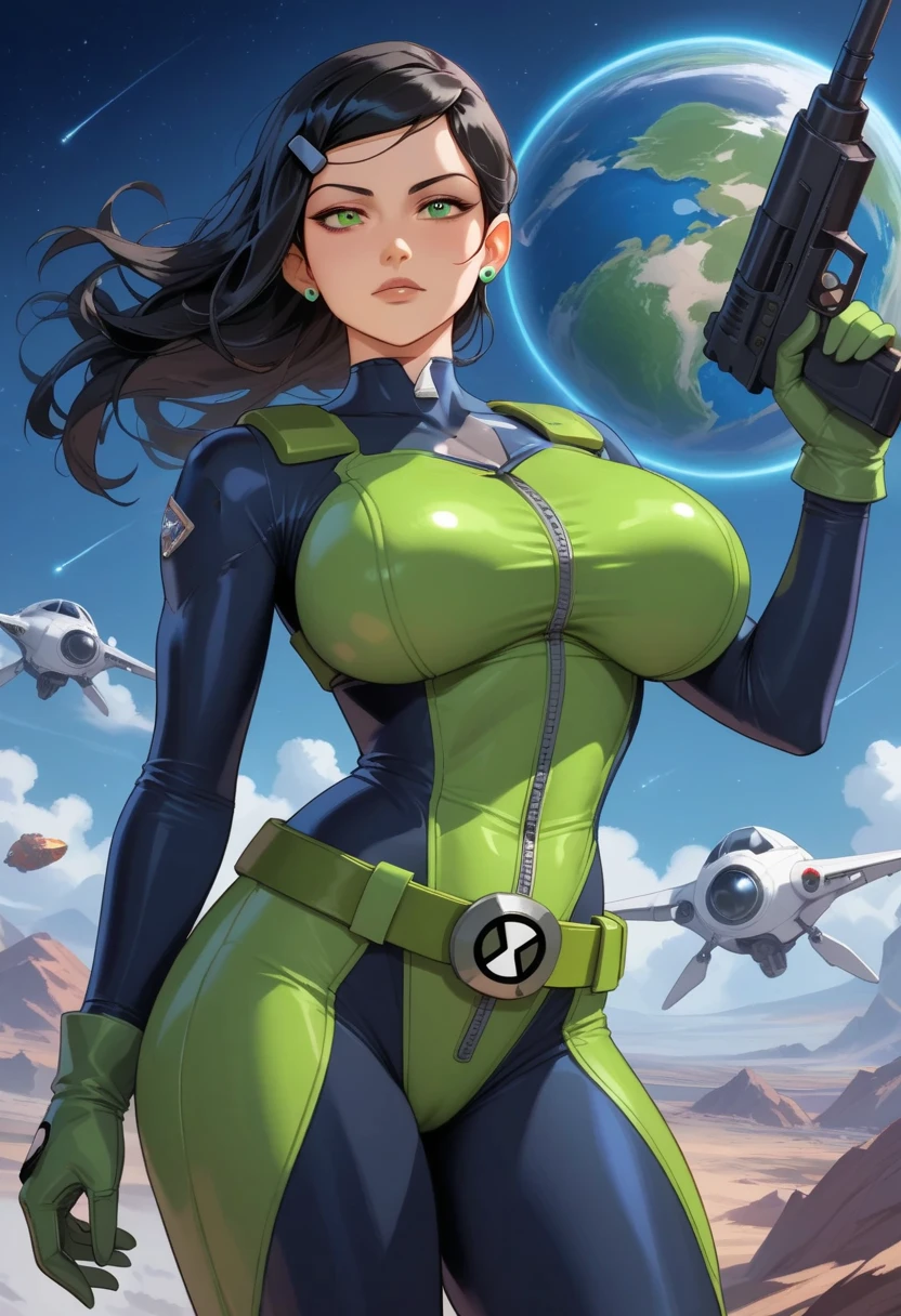 mousepad, boobapad, 1girl, looking at viewer, big breasts, cleavage, simple background, samira \(league of legends\)