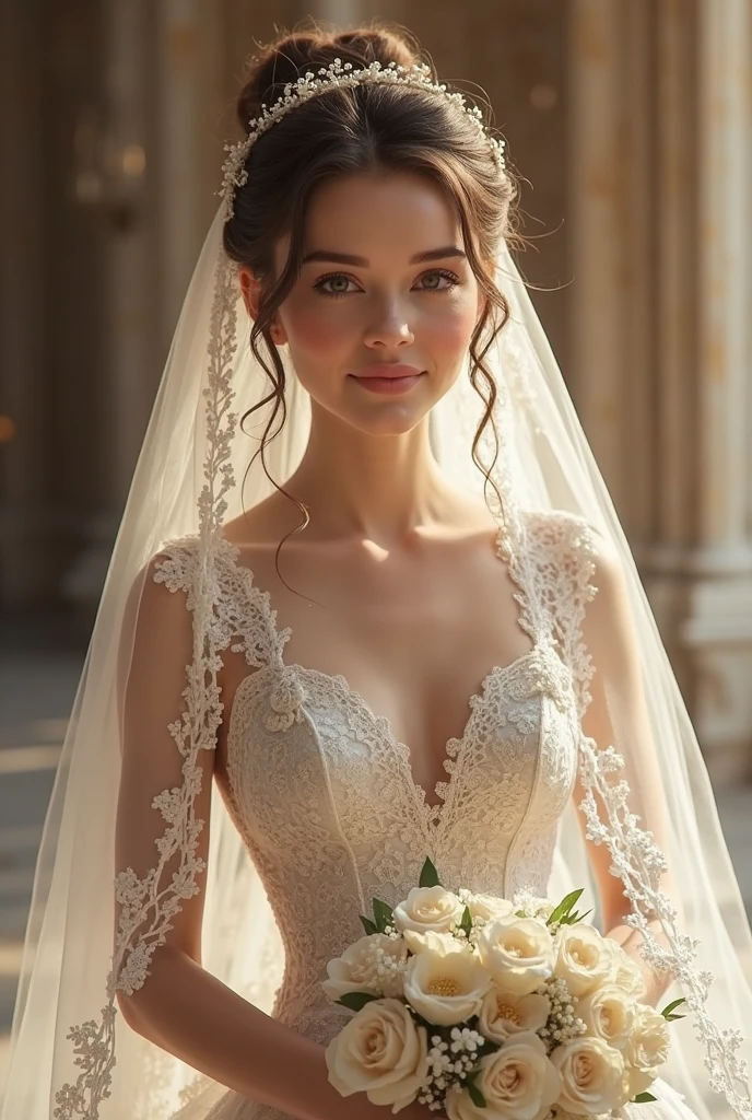 European woman model with hairstyle and veil wearing extremely luxurious white baroque embroidered puff sleeve wedding dress.