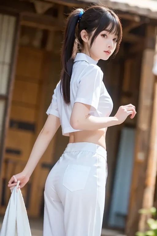 Japanese,,Innocent face,Teenage Girle,Baby Face、Round face contour、Baby Faceの特徴、(Childish face,柔らかくてInnocent face立ち,Adorable plump cheeks,Shining round eyes,Small button nose,cute小さな口)、、cute女の子、Childish girl、Young Body、Primary school students,Private elementary school,White uniform,White summer clothes,Are standing,Entrance Ceremony,In front of the school gate,(((Back view,Stick your butt out、Turn around here)))、Full body photo,Thin thighs、Twin tails,short hair,Hair Clip