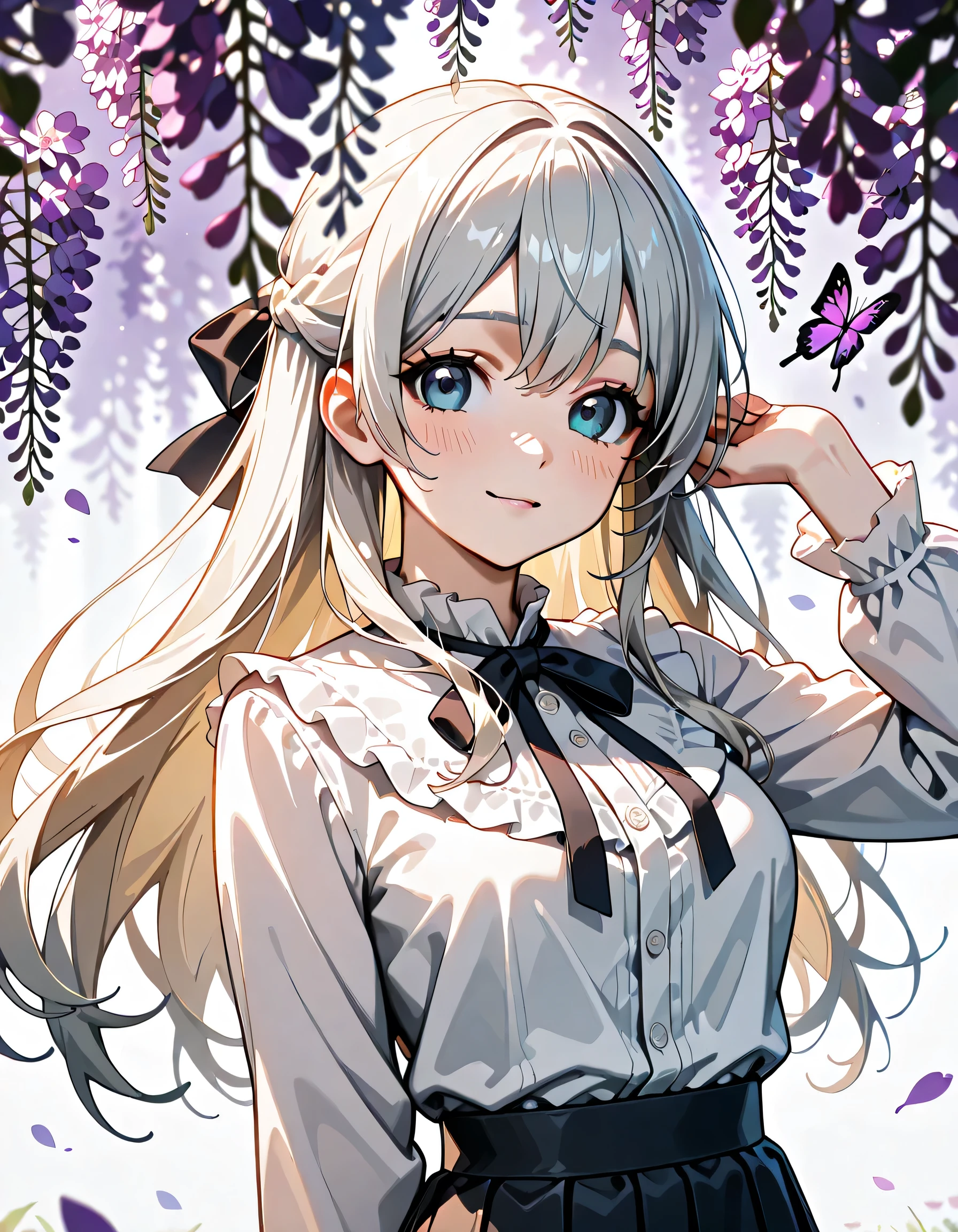 (score_9, score_8_up, score_7_up), source_Anime, absurd_res, white, purple, black, 1girl, solo, upper body, super fine illustration, an extremely delicate and beautiful, best quality, masterpiece, 8K, spring night setting, wisteria flowers, Purple butterflies flying, a purple butterfly is resting on her fingertips, gentle breeze, sunlight filtering through trees, long silver hair:1.3, half updo:1.2, blue eyes, hair ribbon with black, ample breasts, blouse with a round collar:1.3, flared skirt with purple, ultra-beautiful girl, fluttering hair, blushing faces, smile:1.3, open mouth, embarrassed reaction, looking viewers, dynamic pose, contrapposto pose, soft fabric movement, fluttering petals, warm and bright atmosphere, soft lighting, delicate color palette, detailed clothing folds, flowing hair, lively spring night vibe, highly detailed rendering, breathtaking composition,