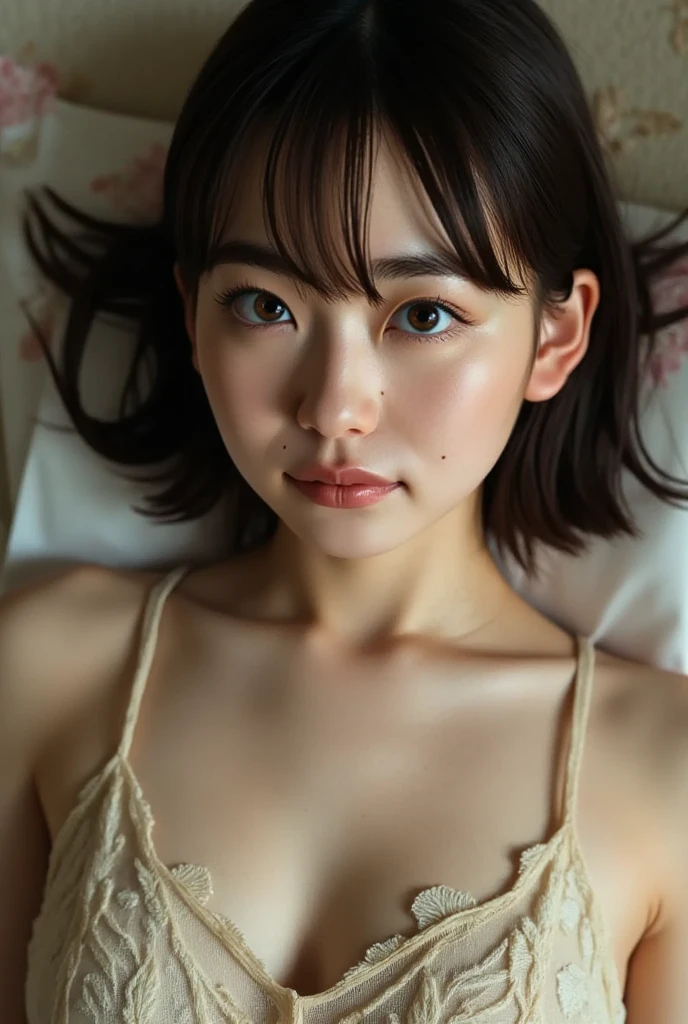lens: 135mm f1.8,(highest quality),(Tabletop:1.1), (Beautiful 18 year old Japanese girl), (Moist lips), Narrow eyes, double eyelid,Delicate clavicle,Flat Chest,Shortcuts,
(Let's take another look), (close:1.4), shame, A faint smile,
(Speckled sunlight:1.2), Dramatic lighting,
(White camisole), (Sunburned skin:0.2),Full body photo、Full Body Focus、Toes、Nipples are visible