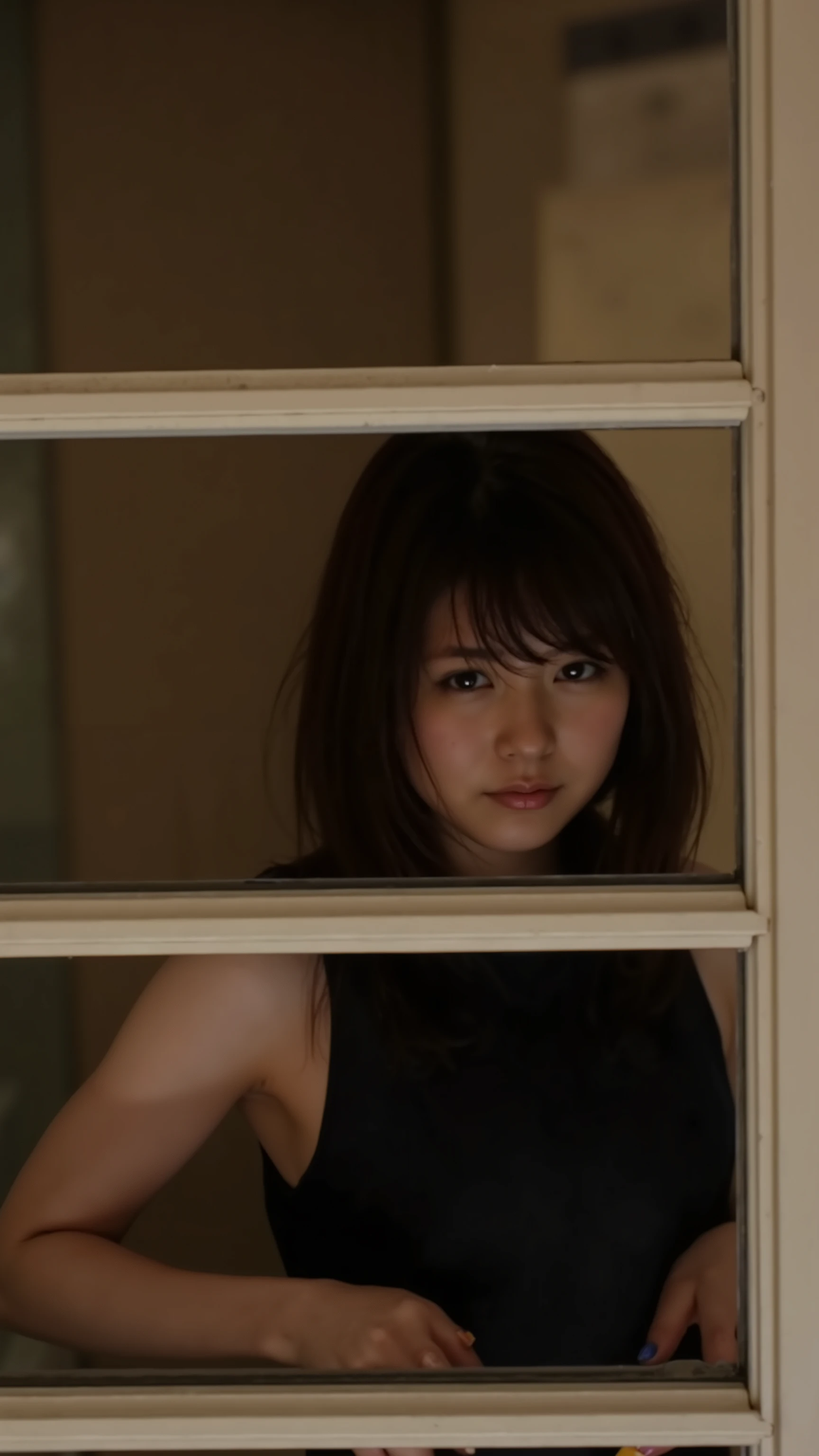 Stand behind the blinds、The blinds are open、there are nipples on the blinds、close up on nipples