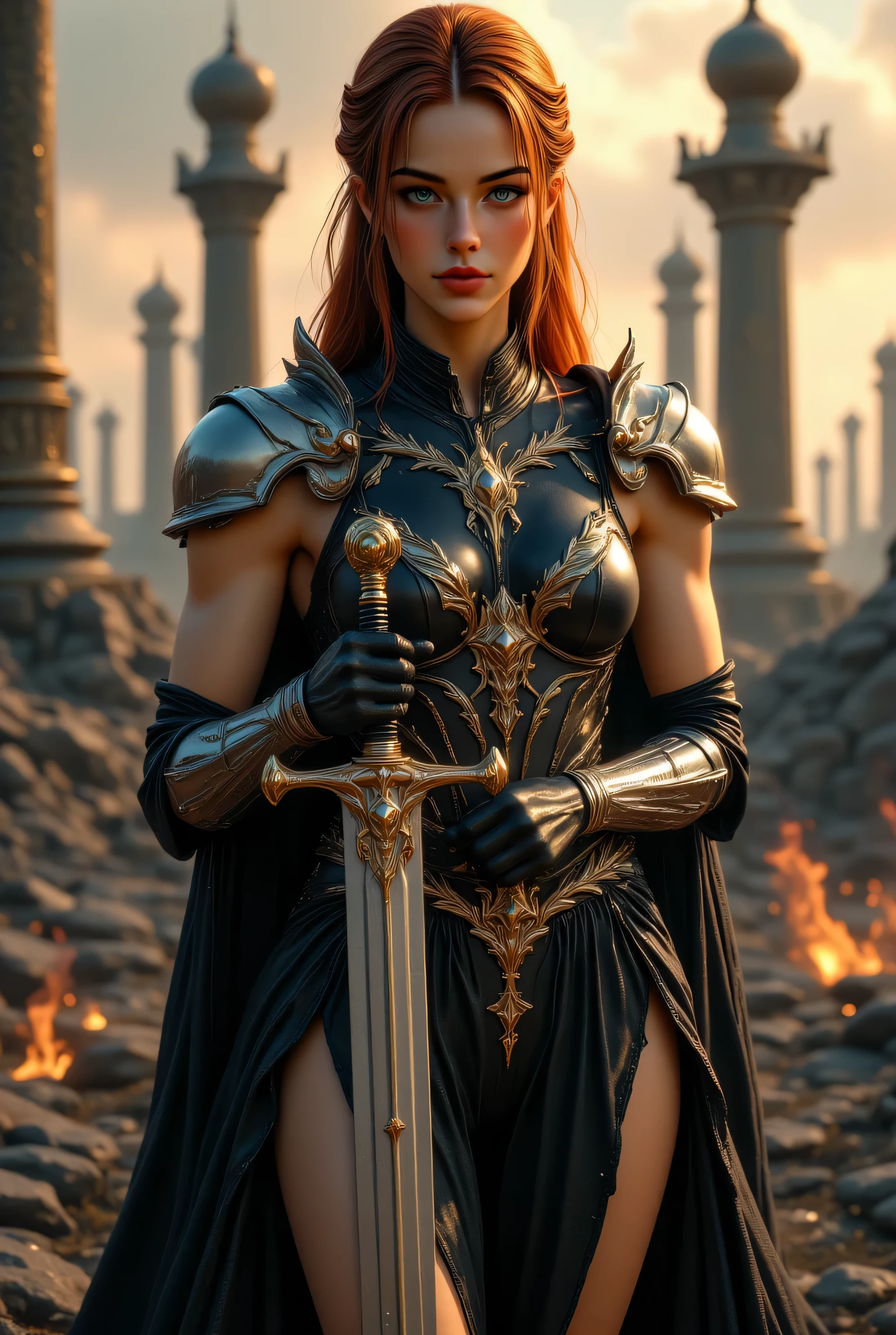 A stunning female warrior kneeling on battle-worn ground at golden hour, with smoldering fires and medieval ruins behind her. She has long, braided auburn-red hair, glowing fair skin, and a fierce yet regal expression. Her striking green eyes are filled with strength and resolve. She wears intricately crafted silver armor with engraved details — shoulder pauldrons, bracers, and chest plate gleaming under the soft orange sunset light. A deep crimson cape flows from her shoulders, adding dramatic movement and royal flair. Her black bodysuit underneath is form-fitting, enhancing her elegant yet powerful silhouette. She grips a massive, ornate longsword with both hands, its hilt decorated with golden embellishments and a lion emblem. Behind her, blurred domed towers and broken statues rise from the smoky battlefield, evoking a scene of epic conflict and fantasy. Flames flicker in the background, adding warmth and danger. The composition is cinematic, the lighting soft and moody, the textures of metal, fabric, and earth rendered in ultra-realistic detail, Ultra-detailed, cinematic lighting, high-resolution. Studio Ghibli Dark Fairytale, style.