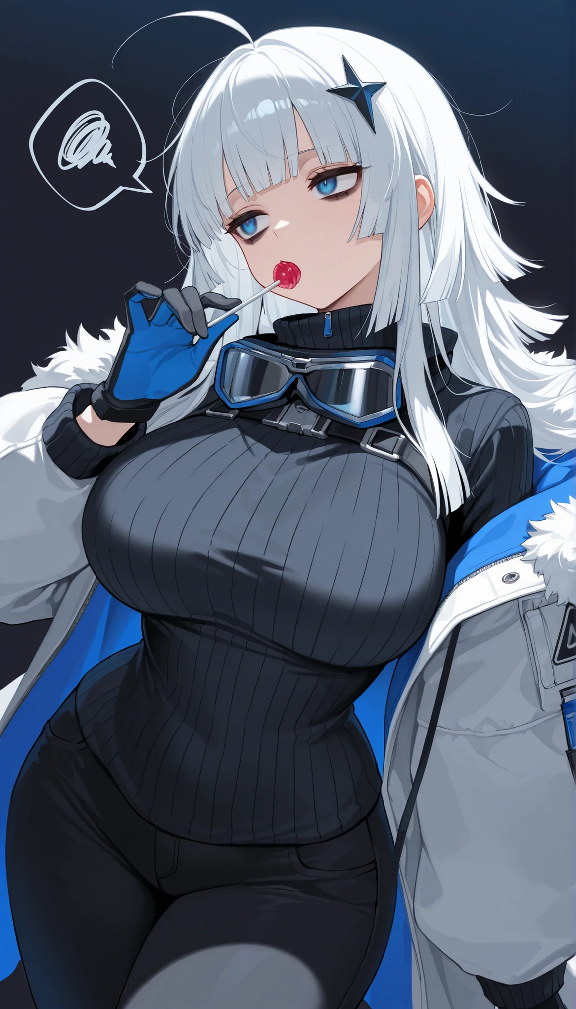 girl, with giant breasts, blue fur , wide, blue eyes, silver spy suit, ebony black skin .