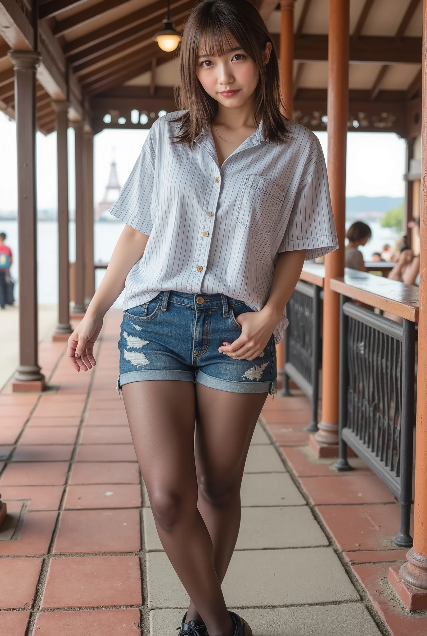 masterpiece, best quality, ultra-detailed, brown eyes, 24 years old, dark brunette, more smile, dynamic angle, dynamic posture, (1 girl, solo: 1.3), czech town square, natural light, (stylish ladies shirt: 1.0), torn jeans shorts, (photographed from a distance: 0.9), (flirting with camera: 0.7), in public, ladies handbag, (women's sneakers: 0.7 ), czech republic