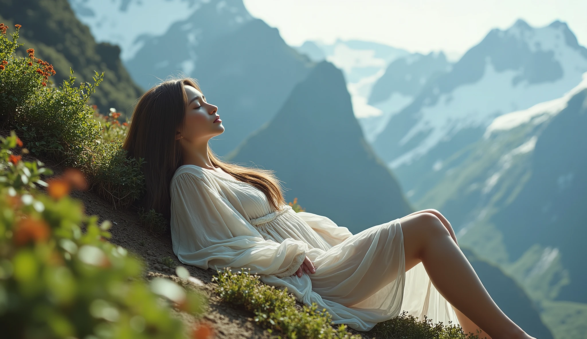 Beautiful woman lying on a mountain with long loose hair fluttering
