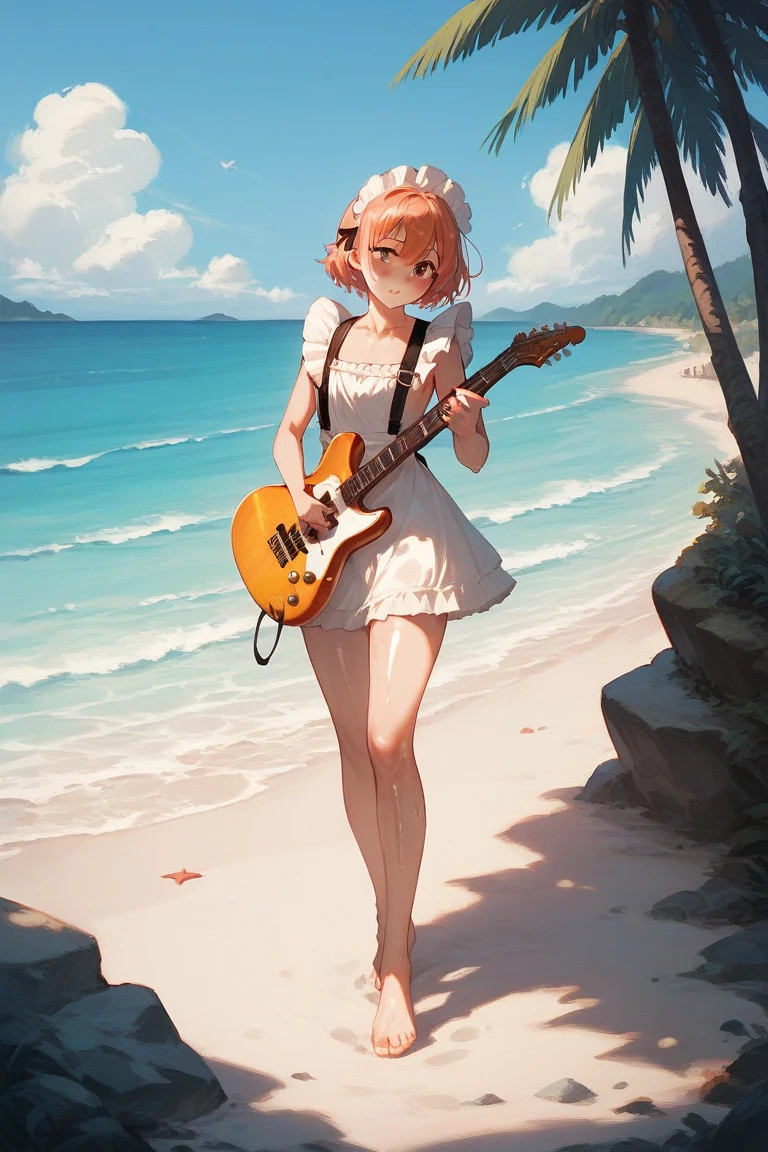 (8K、최고 품질、걸작:1.2), Woman in bikini and barefoot playing electric guitar in emerald sea, anime style