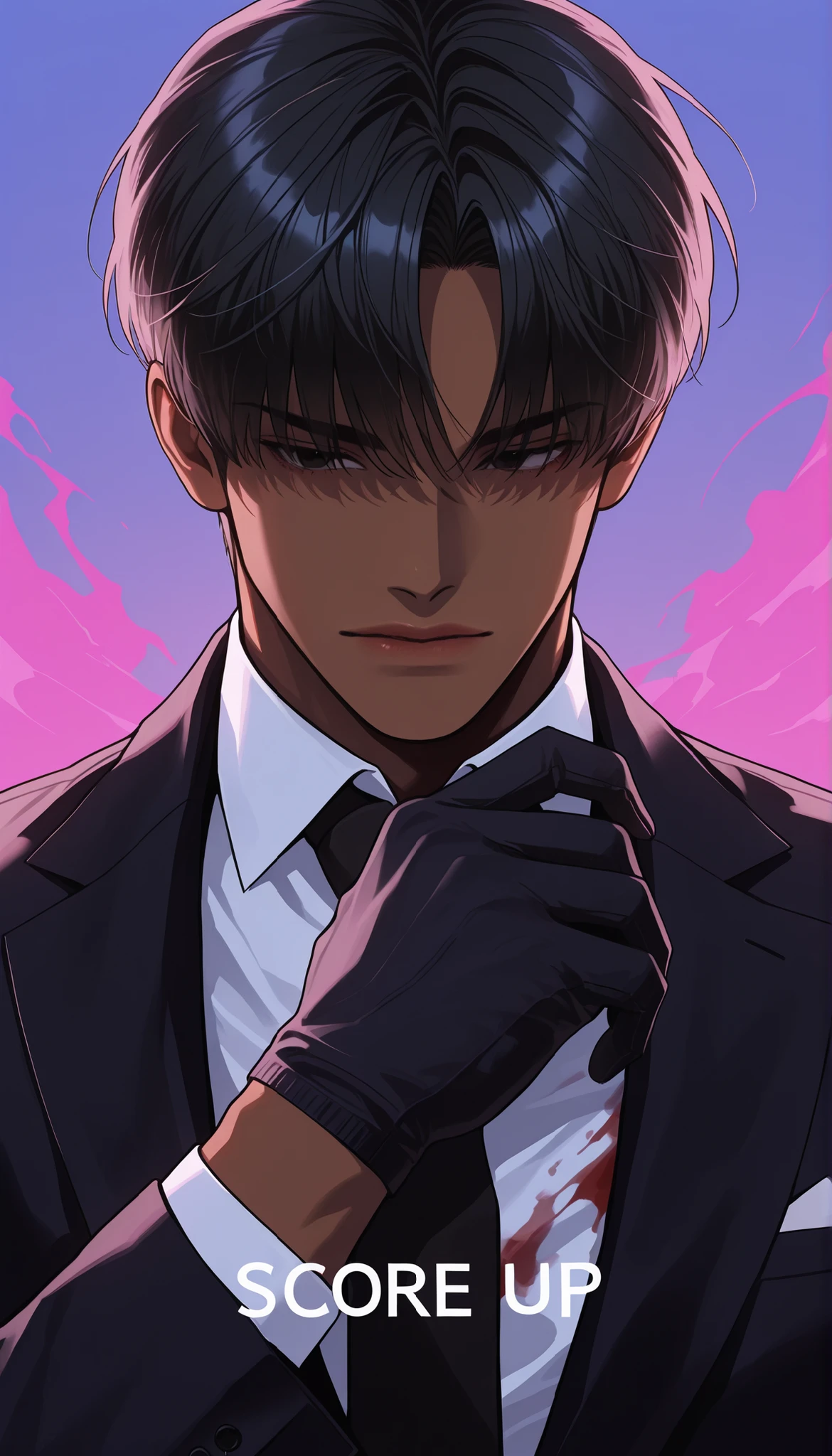 high resolution, masterpiece, best quality, high resolution, character portrait, masterpiece, 1 man, background, black hair, black eyes, handsome, outdoor, illustration, dark skin, gradation eyes, Refreshing, Age in their 20s, fit body, slightly large eyes, (black suit, black gloves), medium shot, upper body, visivle face, detailed face, (not too zoomed in), atheletic build, sharp jawline, (calm and cool aura), cinematic lighting, crisp edges, clean shading, from thighs up, (natural camea angle), (cinematic framing), natural pose, (clean and natural hairstyle), (soft c-curl bangs), (slightly parted fringe), (natrual volume, (fluffy vut neat hair), (short hair), (toned physique), broad shoulders, defined jawline, ((dark skin, tanned skin)), mafia man, blood on his clothes