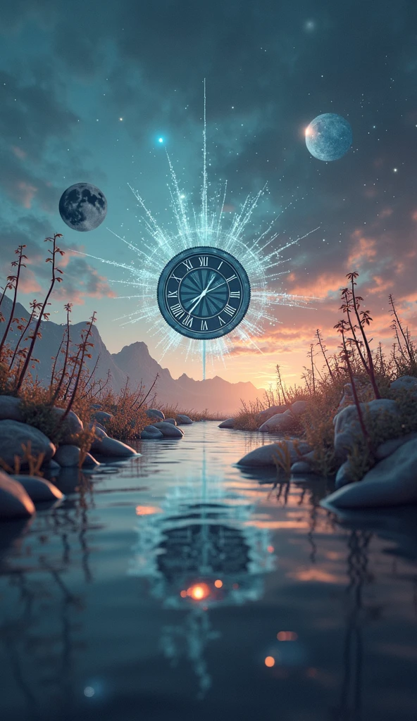 An image that has day and night merged, that shows the sun on the right side and the moon on the left side realistically, with a large clock in the center floating.