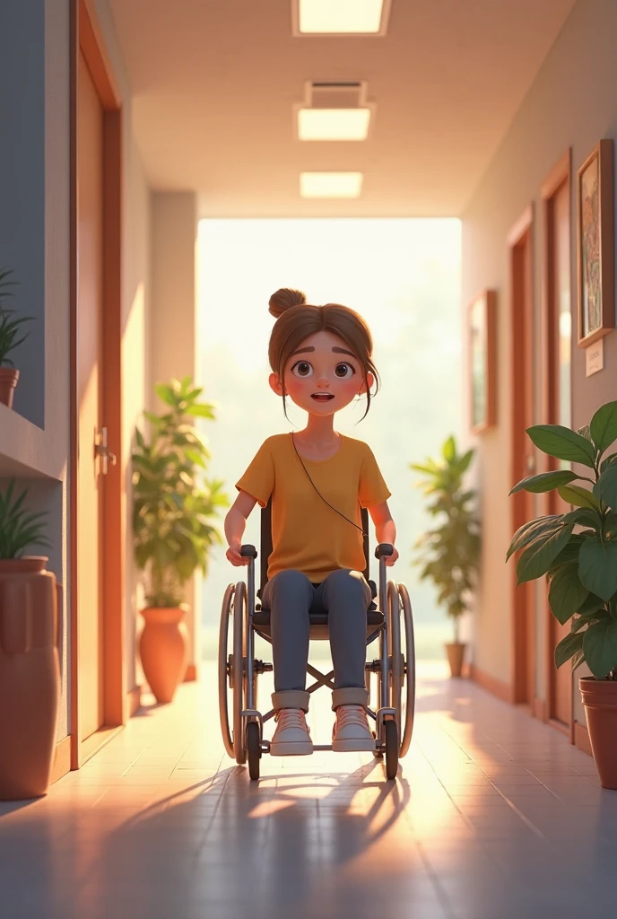 A barefoot teen in wheelchair in his room