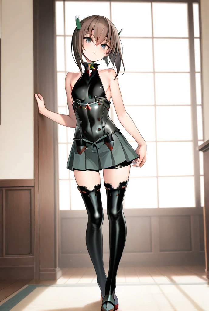 (Masterpiece: 1.5), (Best Quality: 1.5), (Perfect Face), Fox ears, Fox Tail, dark brown hair, green eyes, femboy, feminine male, flat chest, full body, leather skirt, short hair, fluffy hair, leather harness, thick tights, leather gloves, leather stockings,