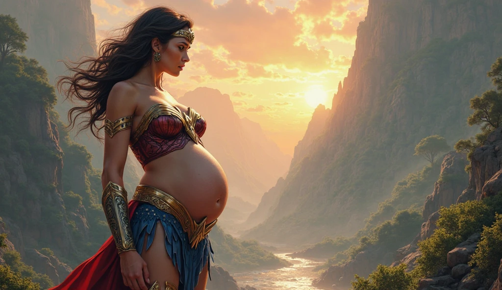A stunning portrait of Princess Jasmine She is pregnant, holding her belly, the blue genie is holding her, location is ancient Arabia, Mesopotamia, ancient India, temple, young and beautiful, hyper realistic, real portrait, backlit, exquisite features, cleavage, sexy, seductive, natural light, soft light, nine months pregnant, large belly, embodiment of love, bare belly,