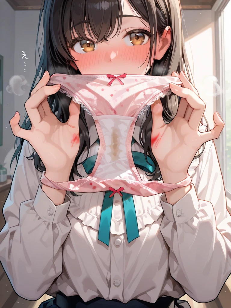 Undies with white mucus、woman、Full nudity、Shyness、Sweaty、Fly Hearts、Eyes are hearts