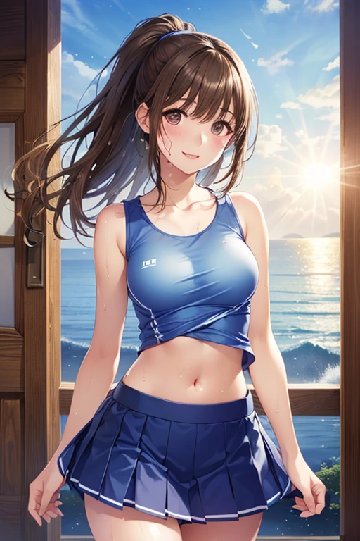 Highest quality, Ultra-high resolution, (Realistic:1.4), One person, nude, Small breasts,Covered nipples, Black choker, smile, Exposing shoulders, Focus Only, View your viewers,Fair skin,sunset,cherry blossoms,Photon Mapping, Physically Based Rendering, RAW Photos, Highly detailed background,K-Pop Idols,Depth of written boundary,torii,cherry blossoms,hair ornaments,Detailed face,Glowing Skin,Game CG,whole body, mini skirt,Tube top