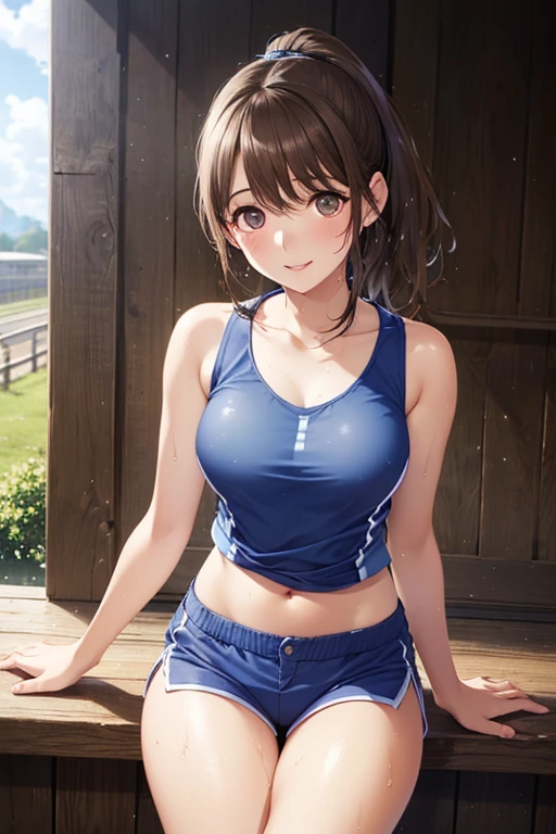 Ultra high resolution CG Unity 8K wallpaper, Beautiful Features、((Brown Hair、ponytail)), ((blue eyes: 1. 4)), (smile:1.4), High pixel density、Beautiful and sophisticated eyes、Highest quality, Ultra HD, Ultra-clear illustrations、High Contrast、Tonal correction、Ultra-realistic oily and glossy skin, Detailed fabric texture, Physically Based Rendering、Retina、Ray Tracing, RAW Photos, Natural front light、Accurate Fingers, Anatomically correct,
BREAK、
((Cowboy Shot:1.4))、Exposing the belly、Attractive thighs、((White gym clothes、light blue spats、Black knee-high socks))、School Playground、(Squat on the ground with your legs apart:1.5),