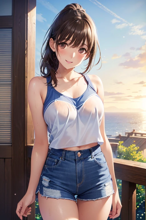 smile、Big Breasts、woman、Beautiful brown hair、Very Short Hair,Stylish and cute white clothes,Ripped jeans,Clothes that are wet from the rain and slightly transparent,Wet Hair,rain,Weather,Ultra-high resolution, Accurate, Super detailed, Textured skin, High detail, highest quality, 8k, Detailed Hair,Detailed eyes,Focus on the face,Depict the figure from the waist up,Rainy cityscape,