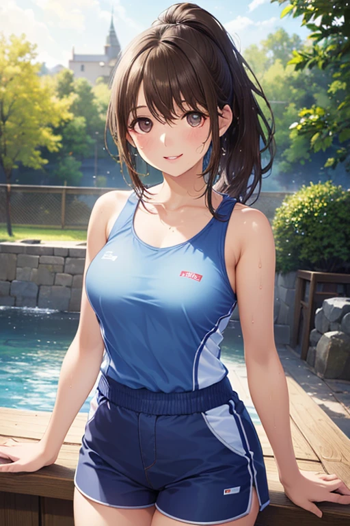 (masterpiece,highest quality,超A high resolution),japanese woman, (((Very beautiful 25 year old girl))), pretty girl、look at the photographer､  ((beautiful low ponytail)), super cute face, glossy lips, double eyelids in both eyes,natural smile、 natural makeup, long eyelashes, Shiny and smooth hair､center image,  perfect limbs, perfect anatomy,(((navy blue skirt school swimsuit))、pool,night,wet with water