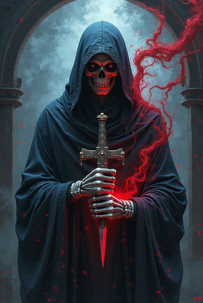 Reaper in,scyscraper,cross of dark lord, king of angmar, touch of death, Taoist robes,cultivating immortals,water ink,from the abys,self-assured,Fairy wind road bone,Blood flows in the background