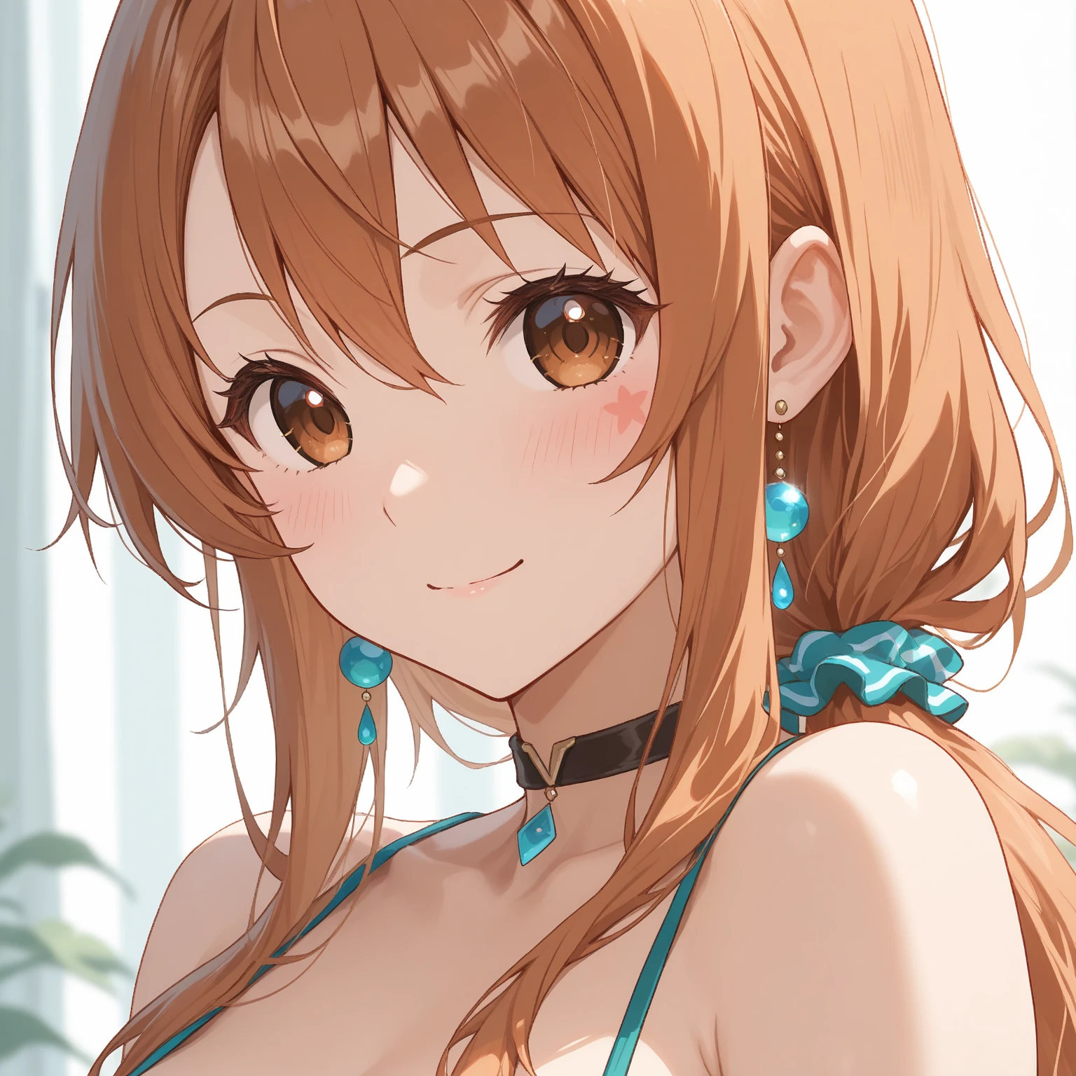 masterpiece, best quality,8k wallpaper,NSFW, slightly from side,blue eyes, upper body,kousaka honoka, breasts , (yellow micro bikini:1.2), white background, solo, earrings , blushing , smile,:D, one eye closed