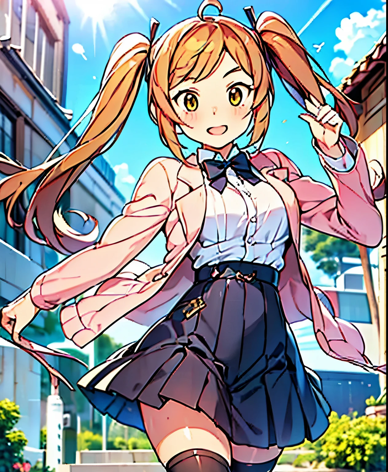 ( masterpiece、 Highest Quality、 Highest Quality、Official Art、 beautiful beautiful :1.2) Hatsune Miku、LIGHT GREEN TWIN TAILS, beautiful breasts, (Highest Quality,great quality,very aesthetic,Absard Dress,newest,4K,8k), Shinomiya Magic, medium hair, two side up, villages with, pink jacket, looking at black bowtie , black skirt, asymmetrical knee-highs, purple hair, yellow eyes, Singing , in light brown,(smile:1.2), outside, City Buildings, skyscraper, note, A line of score stretching into the sky, a lot of people