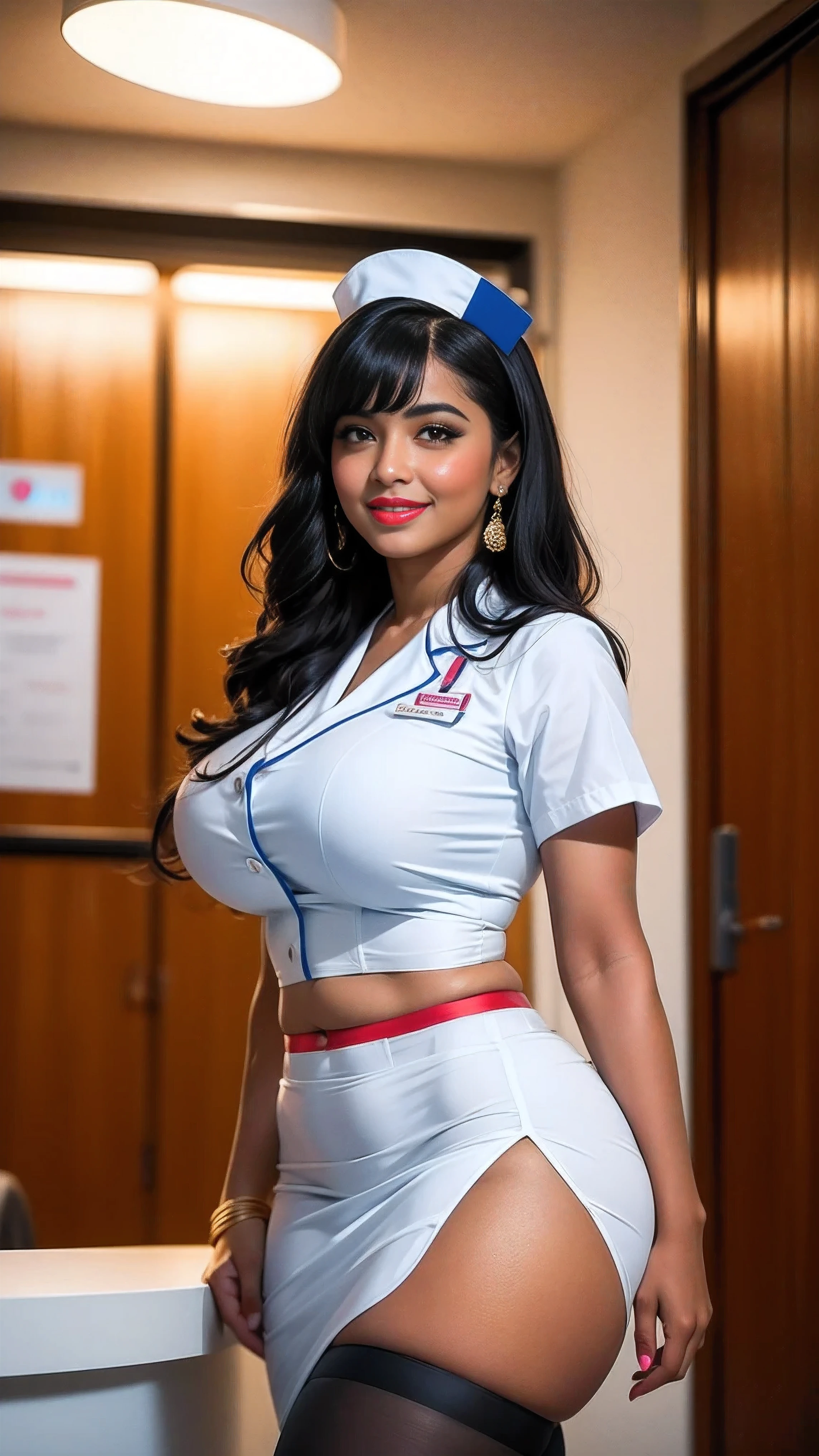 Salma Hayek, wearing a nurse outfit in a Las Vegas hotel, listening to her heartbeat ((best quality)), ((masterpiece)), (detailed), ((big breasts)), ((midriff))